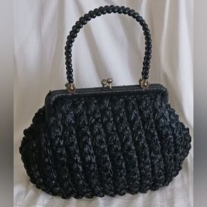Vintage Japan Black Woven Bag Beaded Handles